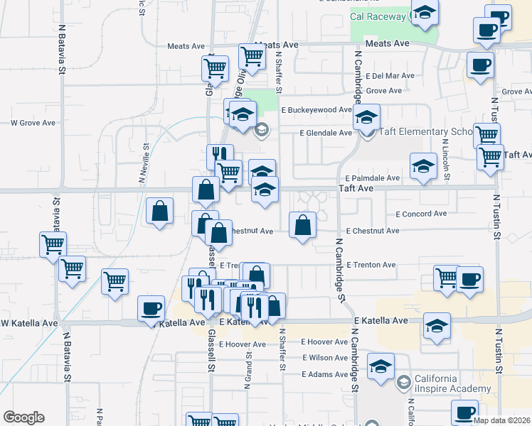 map of restaurants, bars, coffee shops, grocery stores, and more near 315 East Chestnut Avenue in Orange