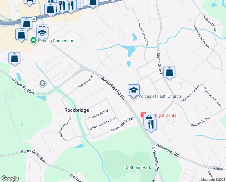map of restaurants, bars, coffee shops, grocery stores, and more near 2407 Rockbridge Road Southwest in Stone Mountain