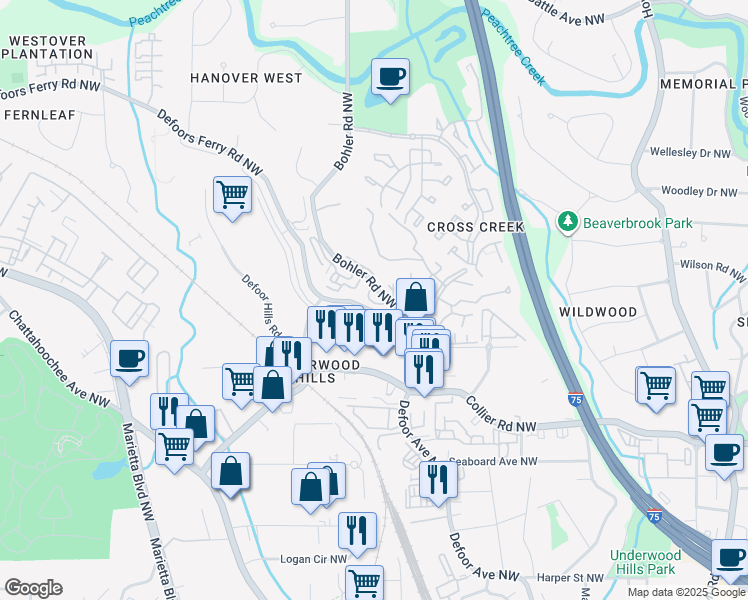 map of restaurants, bars, coffee shops, grocery stores, and more near 2 Bohler Point Northwest in Atlanta