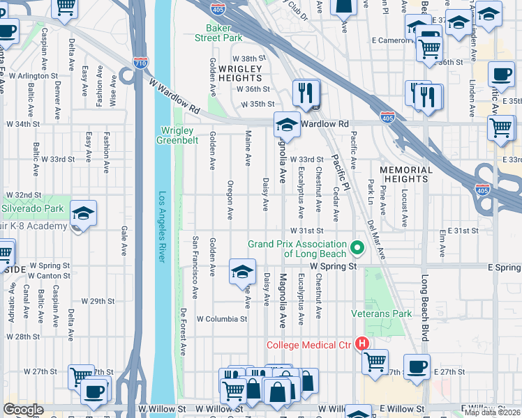 map of restaurants, bars, coffee shops, grocery stores, and more near 3159 Daisy Avenue in Long Beach