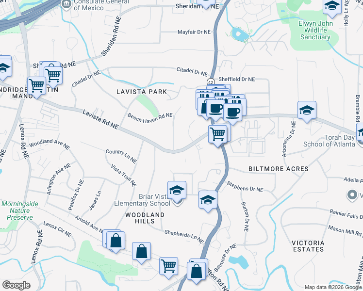 map of restaurants, bars, coffee shops, grocery stores, and more near 1552 Lavista Road in Atlanta