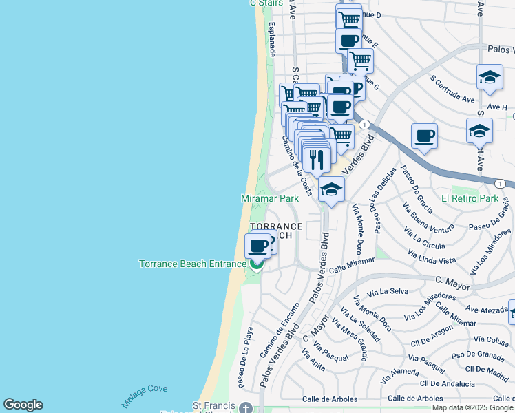 map of restaurants, bars, coffee shops, grocery stores, and more near 215 Paseo De La Playa in Torrance