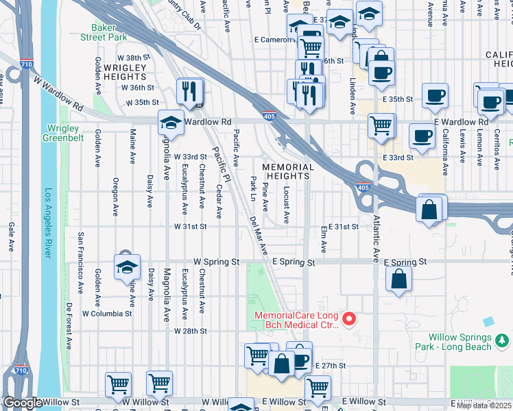 map of restaurants, bars, coffee shops, grocery stores, and more near 3150 Park Lane in Long Beach