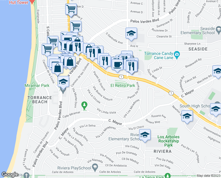 map of restaurants, bars, coffee shops, grocery stores, and more near 145 Vista Del Parque in Redondo Beach