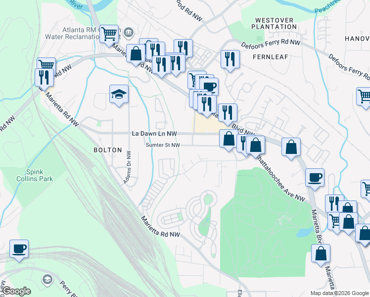 map of restaurants, bars, coffee shops, grocery stores, and more near 1880 Sumter St NW in Atlanta