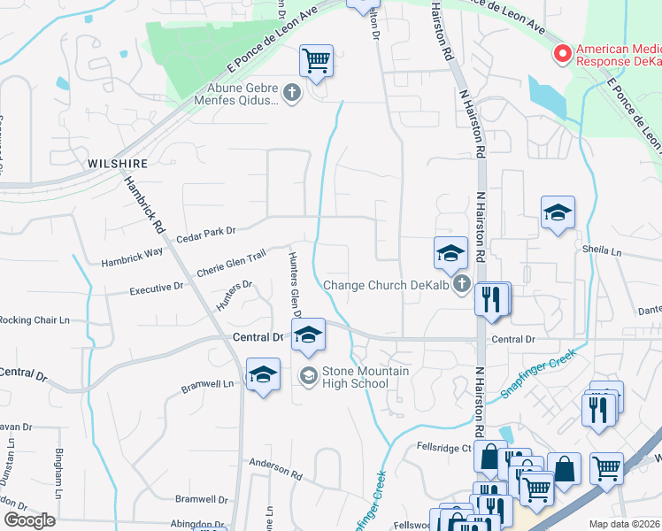 map of restaurants, bars, coffee shops, grocery stores, and more near 4780 Cherie Glen Court in Stone Mountain