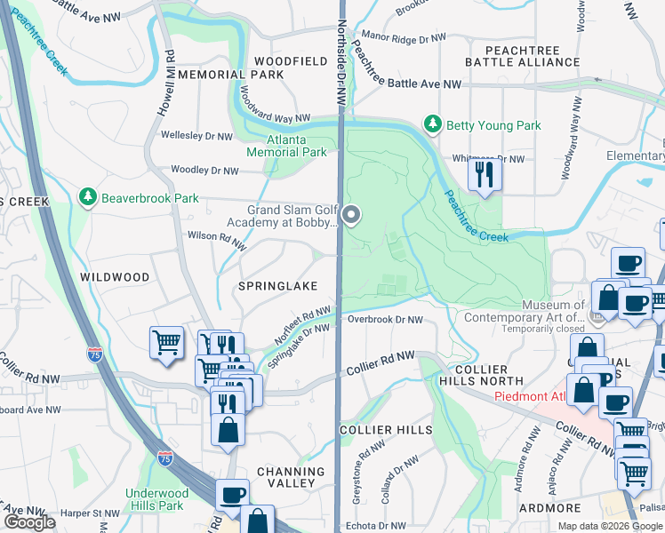 map of restaurants, bars, coffee shops, grocery stores, and more near 2166 Northside Drive Northwest in Atlanta
