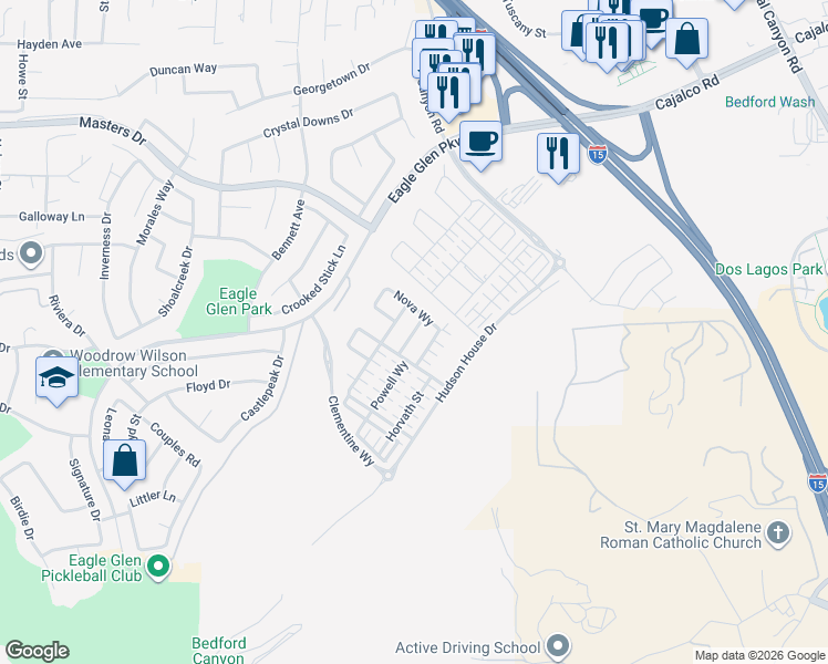 map of restaurants, bars, coffee shops, grocery stores, and more near Pompia Way in Corona