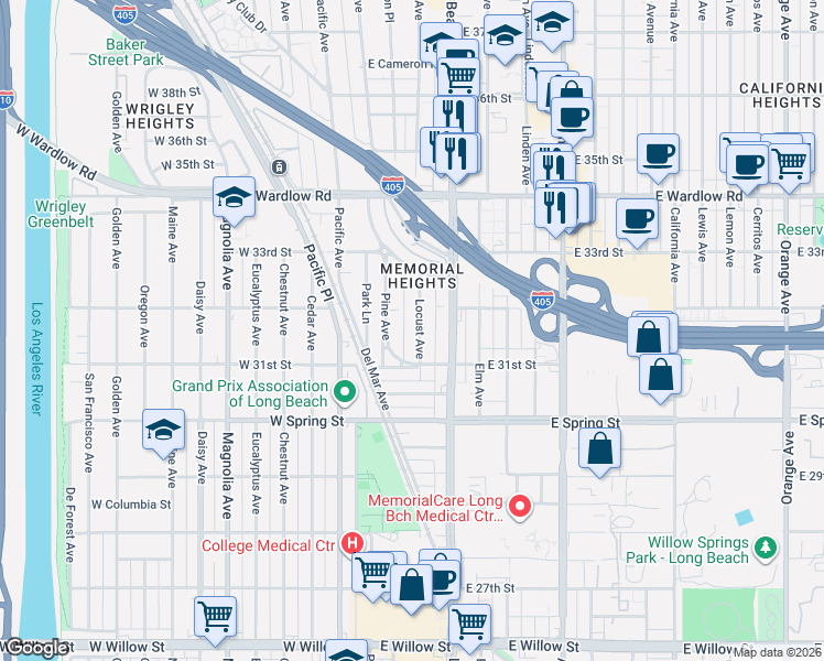 map of restaurants, bars, coffee shops, grocery stores, and more near 3155 Locust Avenue in Long Beach