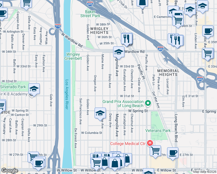 map of restaurants, bars, coffee shops, grocery stores, and more near 3159 Daisy Avenue in Long Beach