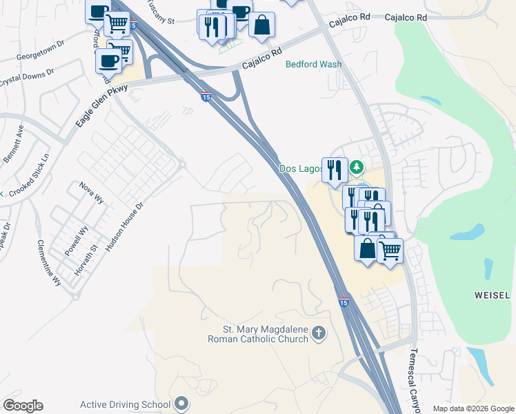 map of restaurants, bars, coffee shops, grocery stores, and more near 8335 Glen Road in Corona