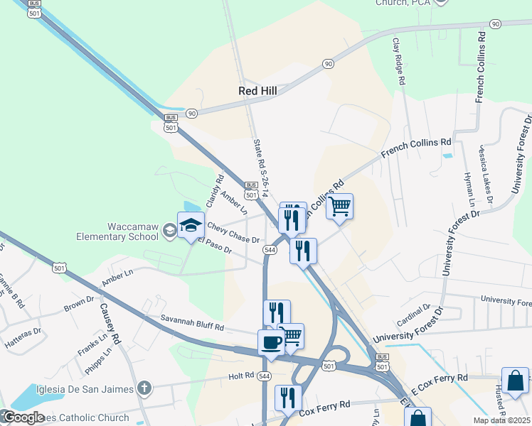 map of restaurants, bars, coffee shops, grocery stores, and more near 362 Washington Avenue in Conway