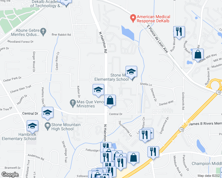 map of restaurants, bars, coffee shops, grocery stores, and more near 72 Trevitt Drive in Stone Mountain