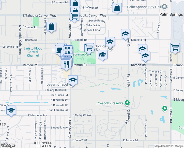 map of restaurants, bars, coffee shops, grocery stores, and more near 2033 East Cam Parocela in Palm Springs