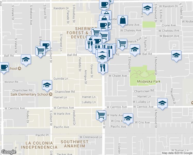 map of restaurants, bars, coffee shops, grocery stores, and more near 9931 Guinida Lane in Anaheim