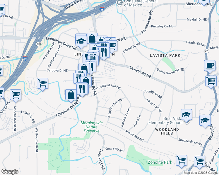 map of restaurants, bars, coffee shops, grocery stores, and more near 1171 Woodland Avenue Northeast in Atlanta