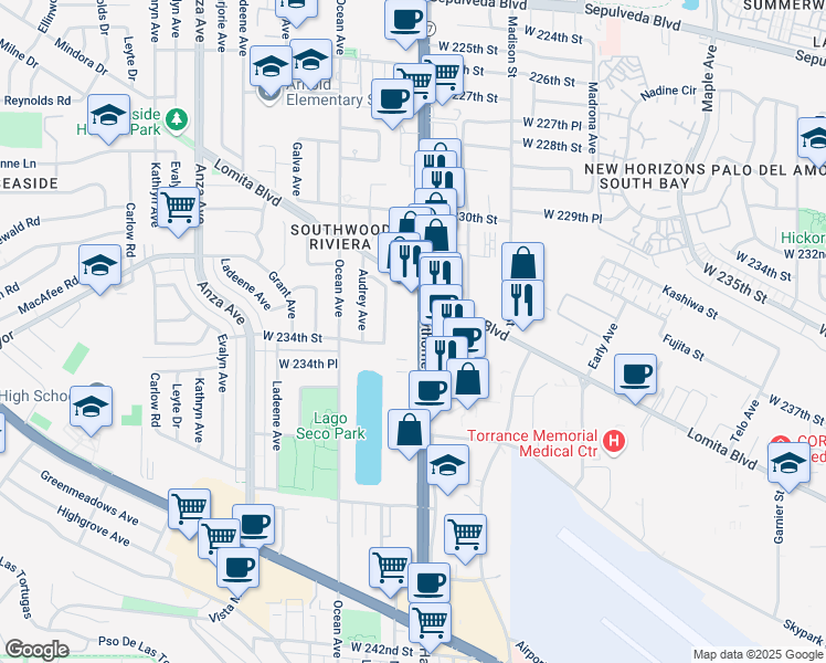 map of restaurants, bars, coffee shops, grocery stores, and more near 23325 Hawthorne Boulevard in Torrance