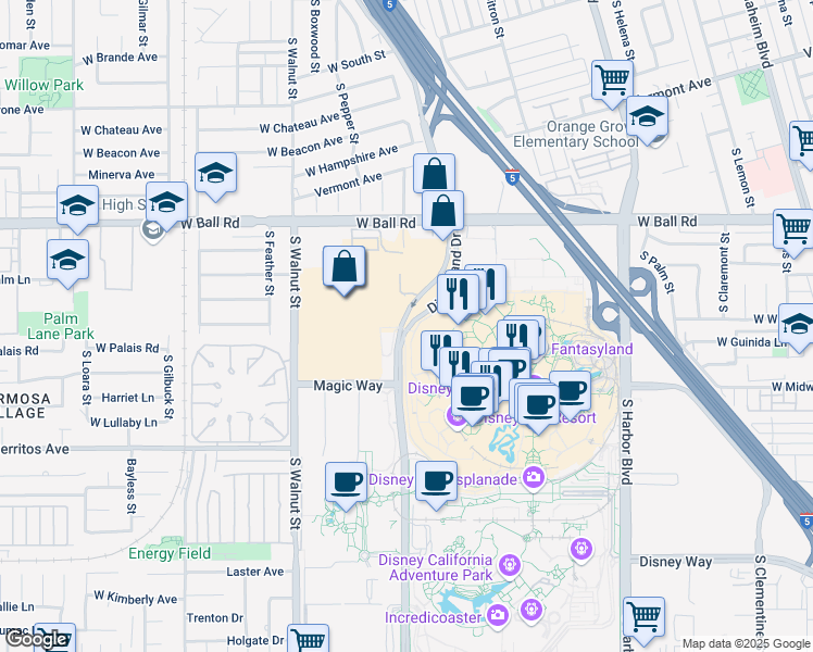 map of restaurants, bars, coffee shops, grocery stores, and more near 1337-1361 Disneyland Dr in Anaheim