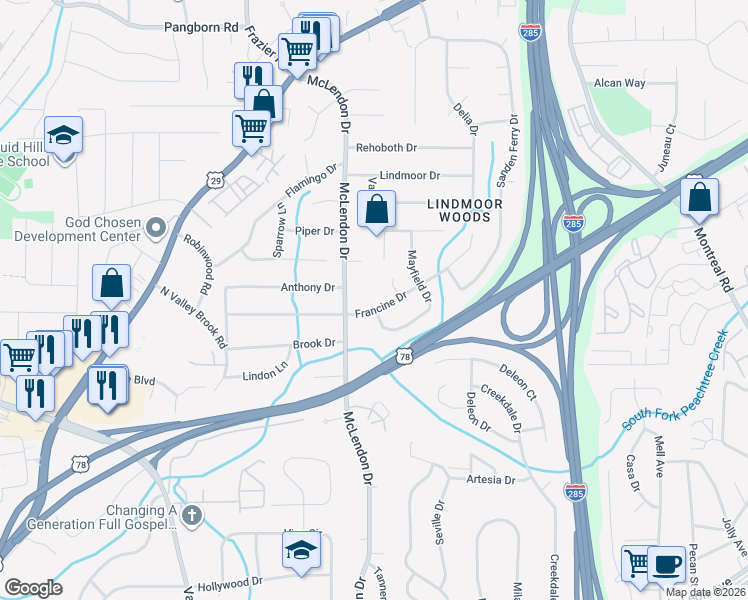map of restaurants, bars, coffee shops, grocery stores, and more near 3170 Francine Drive in Decatur