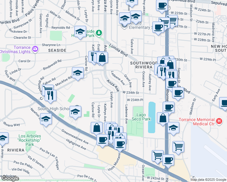map of restaurants, bars, coffee shops, grocery stores, and more near 23330 Evalyn Avenue in Torrance