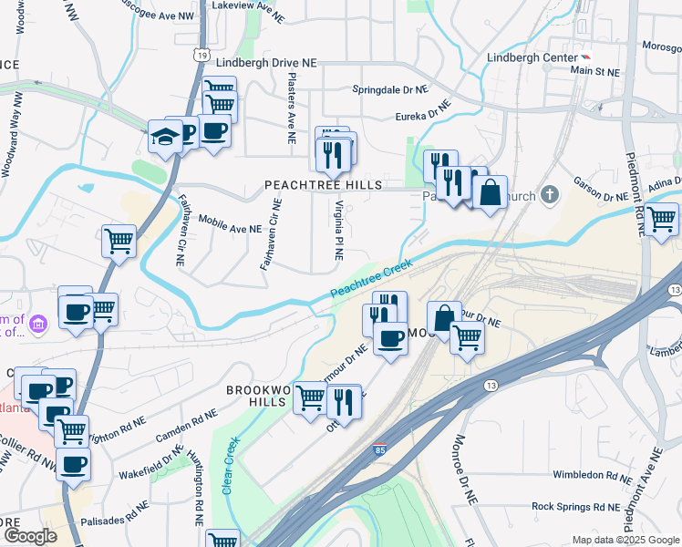 map of restaurants, bars, coffee shops, grocery stores, and more near 2193 Virginia Place Northeast in Atlanta