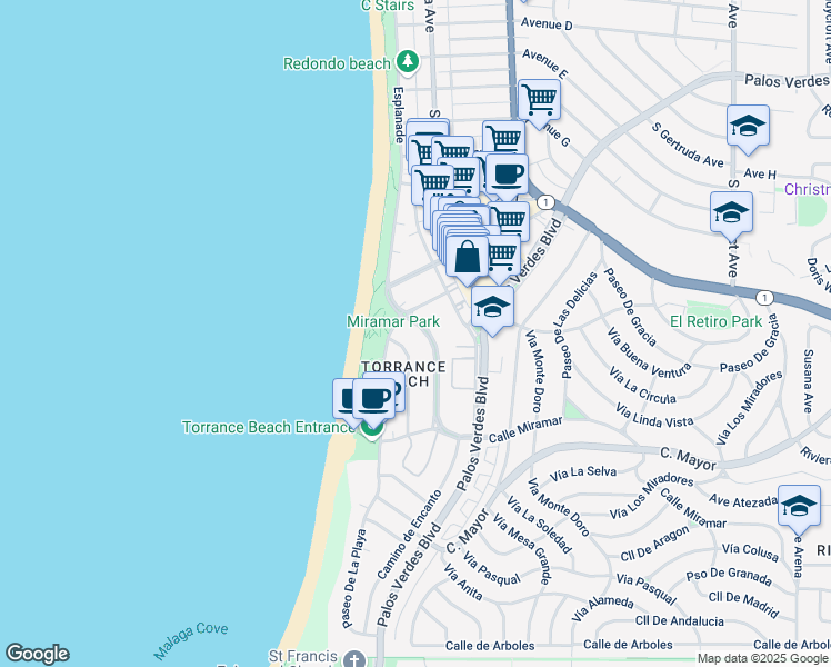 map of restaurants, bars, coffee shops, grocery stores, and more near 209 Calle Miramar in Redondo Beach