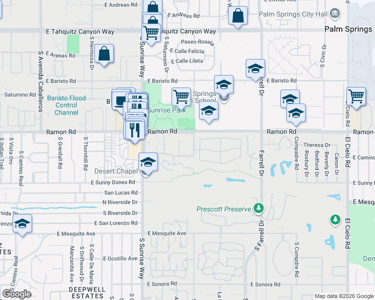 map of restaurants, bars, coffee shops, grocery stores, and more near 2033 East Cam Parocela in Palm Springs