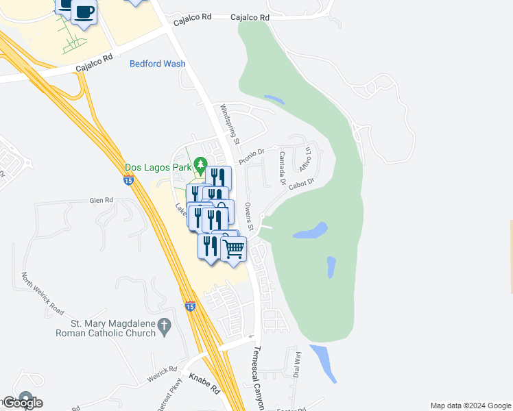 map of restaurants, bars, coffee shops, grocery stores, and more near 4470 Cabot Drive in Corona