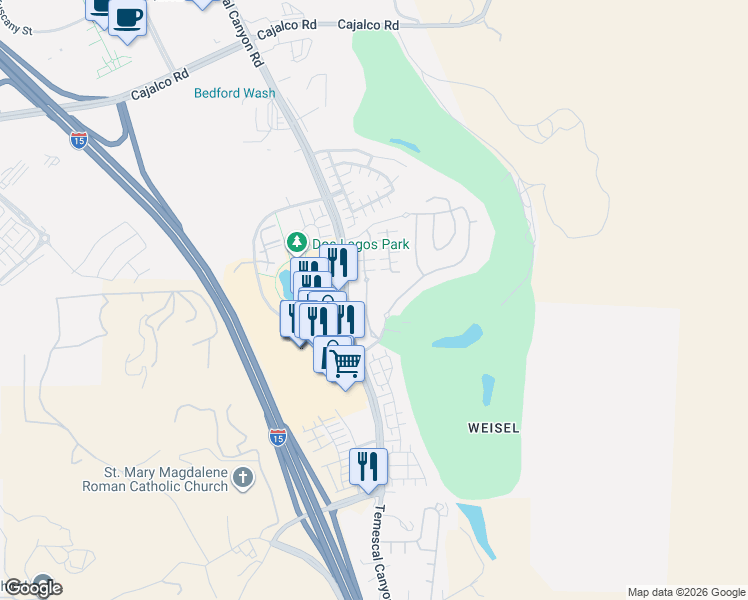 map of restaurants, bars, coffee shops, grocery stores, and more near 4436 Owens Street in Corona