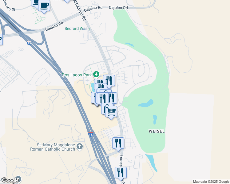 map of restaurants, bars, coffee shops, grocery stores, and more near 4436 Owens Street in Corona