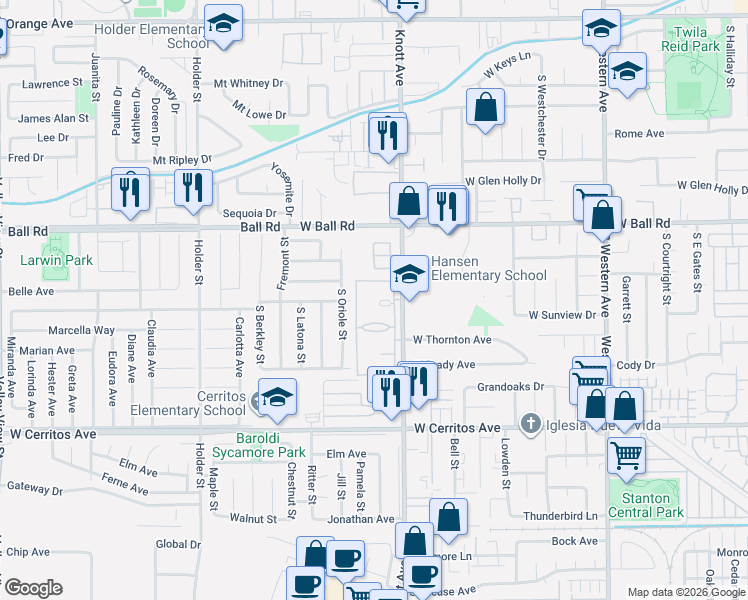 map of restaurants, bars, coffee shops, grocery stores, and more near 3573 West Greentree Circle in Anaheim