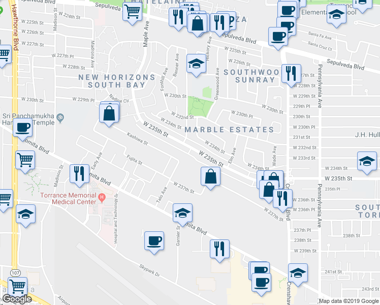 map of restaurants, bars, coffee shops, grocery stores, and more near 2818 West 235th Street in Torrance