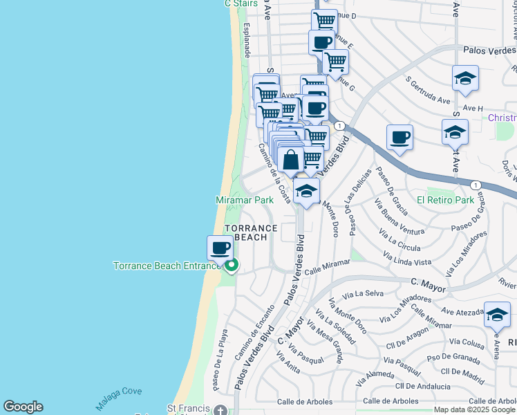 map of restaurants, bars, coffee shops, grocery stores, and more near 213 Calle Miramar in Redondo Beach
