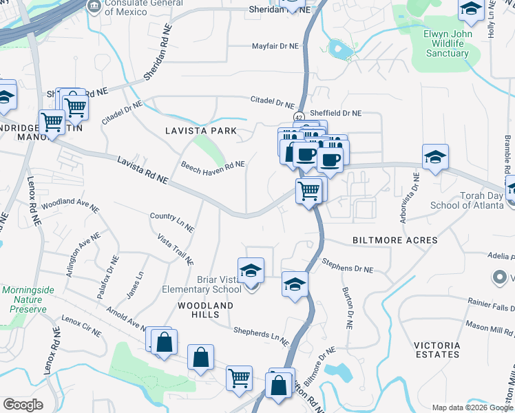 map of restaurants, bars, coffee shops, grocery stores, and more near 1552 Lavista Road in Atlanta