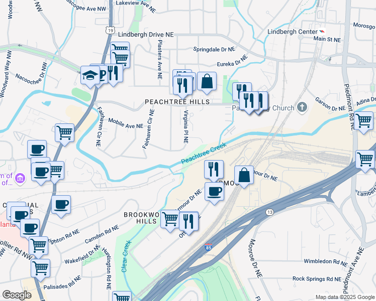 map of restaurants, bars, coffee shops, grocery stores, and more near 2193 Virginia Place Northeast in Atlanta
