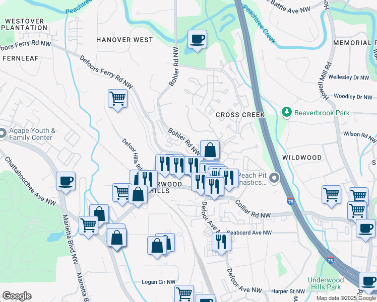 map of restaurants, bars, coffee shops, grocery stores, and more near 2083 Bohler Road Northwest in Atlanta
