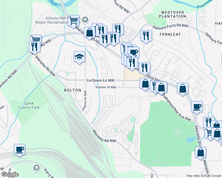 map of restaurants, bars, coffee shops, grocery stores, and more near 1948 Sumter Street Northwest in Atlanta