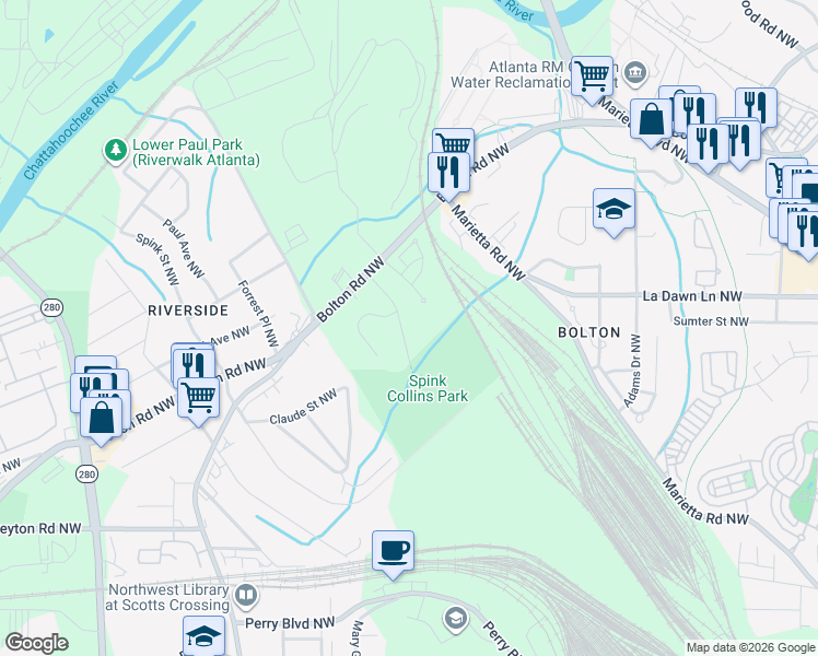 map of restaurants, bars, coffee shops, grocery stores, and more near 2161 Collins Drive Northwest in Atlanta