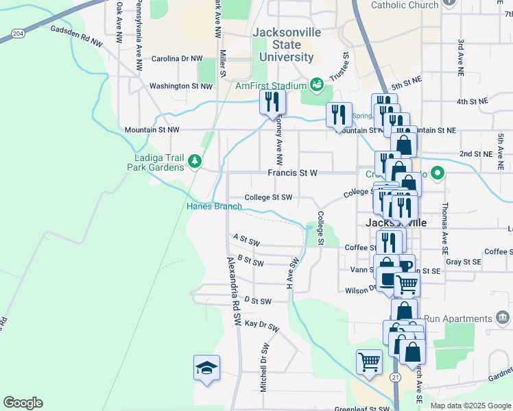 map of restaurants, bars, coffee shops, grocery stores, and more near 618 College Street Southwest in Jacksonville