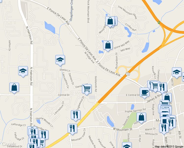 map of restaurants, bars, coffee shops, grocery stores, and more near 5029 Sheila Lane in Stone Mountain