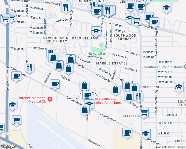 map of restaurants, bars, coffee shops, grocery stores, and more near 2818 West 235th Street in Torrance
