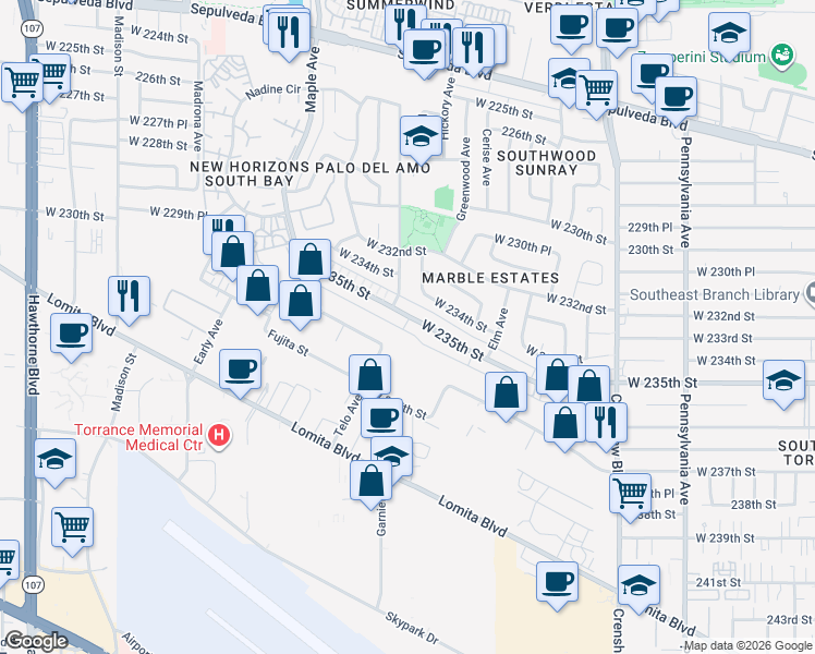 map of restaurants, bars, coffee shops, grocery stores, and more near 2818 West 235th Street in Torrance