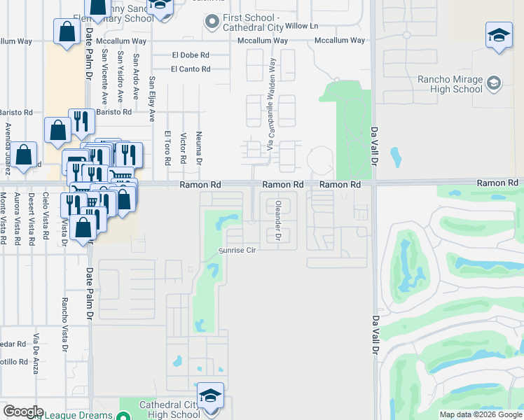 map of restaurants, bars, coffee shops, grocery stores, and more near Palm Boulevard in Cathedral City