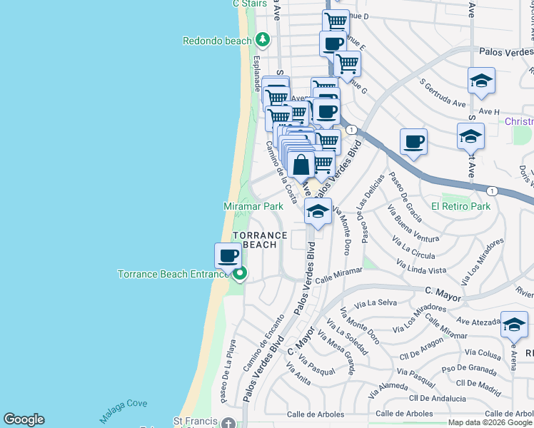 map of restaurants, bars, coffee shops, grocery stores, and more near 209 Calle Miramar in Redondo Beach
