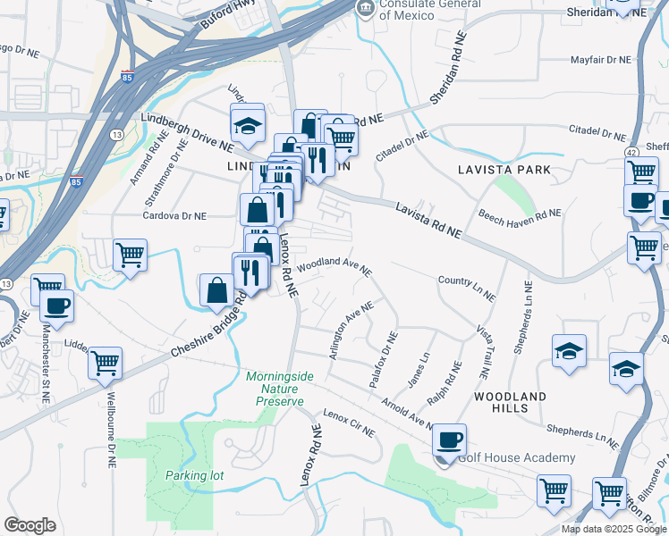 map of restaurants, bars, coffee shops, grocery stores, and more near 1171 Woodland Avenue Northeast in Atlanta