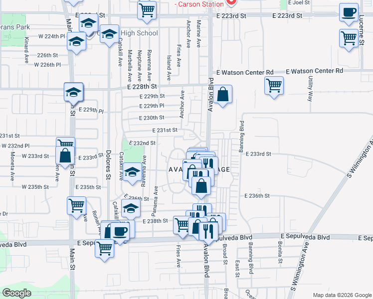 map of restaurants, bars, coffee shops, grocery stores, and more near 503 Bayport Street in Carson