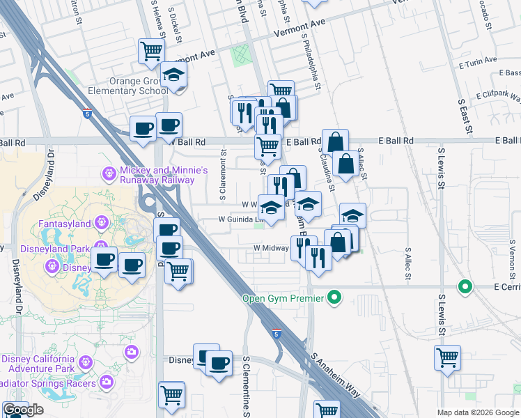map of restaurants, bars, coffee shops, grocery stores, and more near 150 West Winston Road in Anaheim