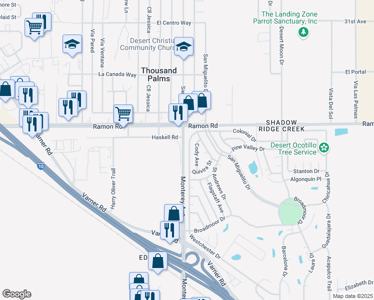 map of restaurants, bars, coffee shops, grocery stores, and more near 32167 Westchester Drive in Thousand Palms