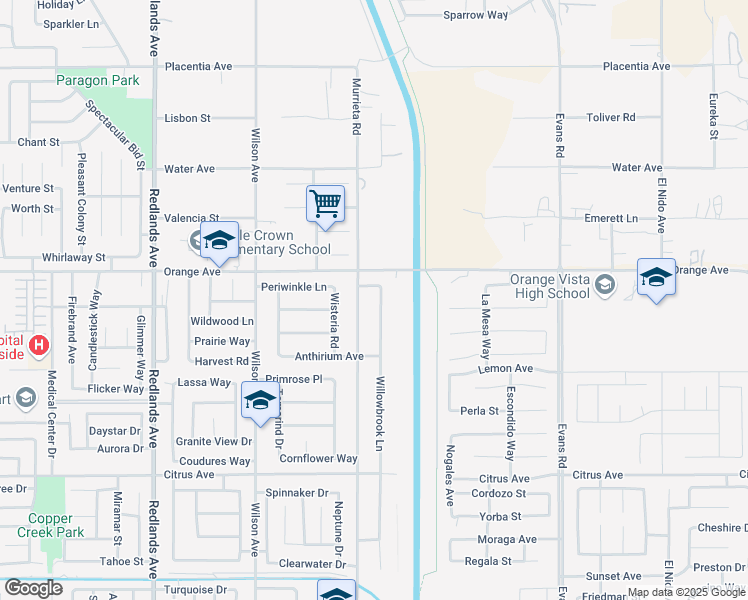 map of restaurants, bars, coffee shops, grocery stores, and more near 2338 Willowbrook Lane in Perris