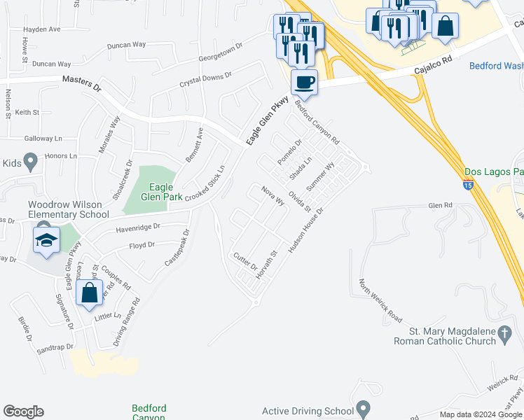 map of restaurants, bars, coffee shops, grocery stores, and more near 4129 Adishian Way in Corona